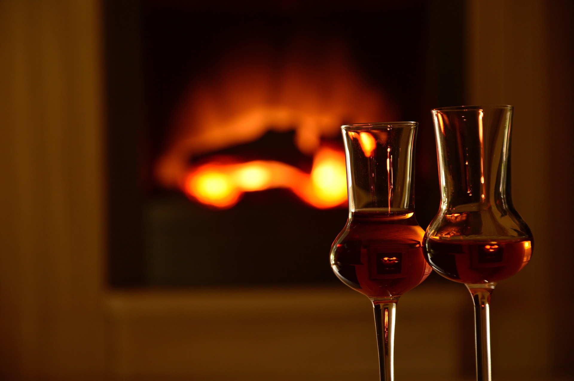 Wine beside fireplace